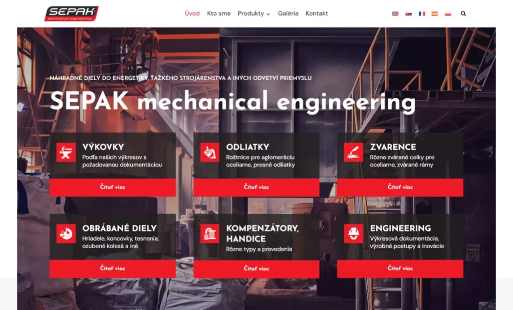 Firemná web prezentácia pre spoločnosť SEPAK mechanical engineering